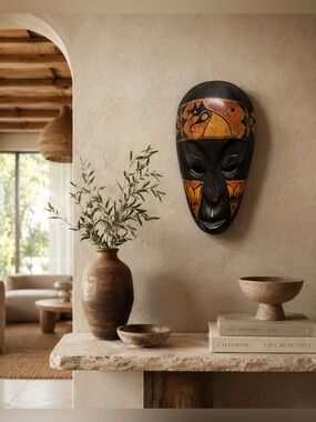 Handcrafted African Tribal Carved Wood Mask• Wall Decor 7.5” • Animal Motif